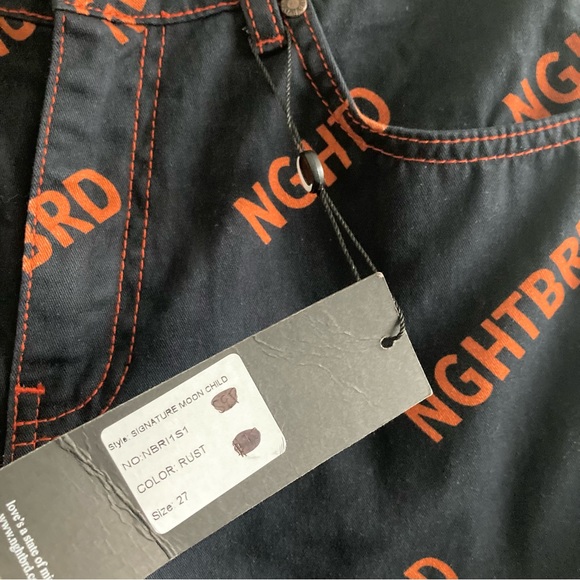 NWT Dolls Kill Nghtbrd Dnm Signature Moon Child Rust Raw Hem Logo Jeans AOP - Picture 8 of 11